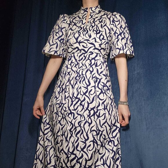 Vintage 60s navy blue and white empire waist babydoll maxi column dress - Picture 5 of 15
